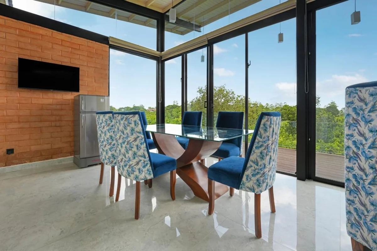 Glass-walled dining area